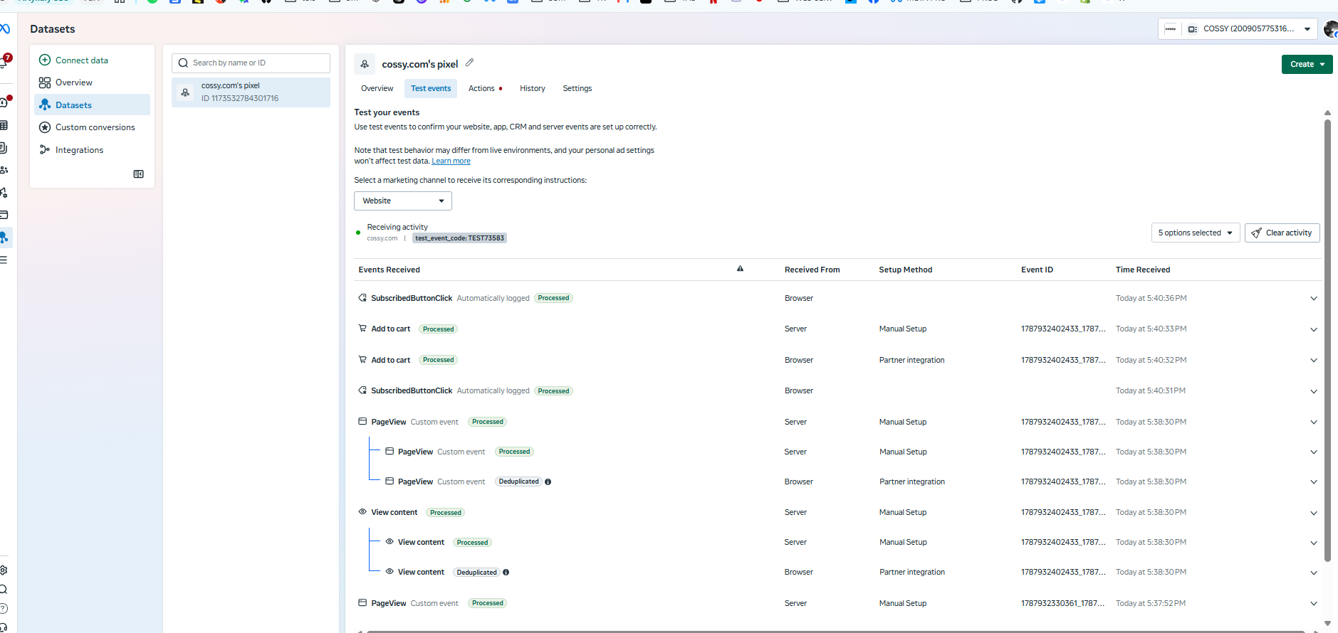 Meta Test Events z eventami Browser i Server oraz deduplikacją