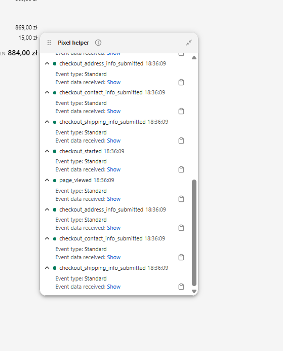 Stape Pixel Helper z eventami checkout
