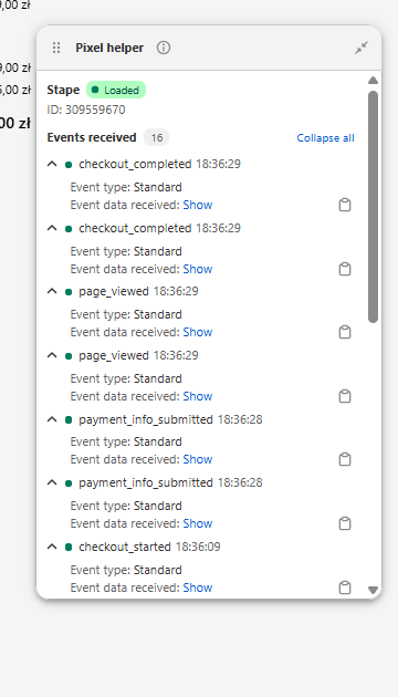 Stape Pixel Helper z checkout_completed i checkout_started